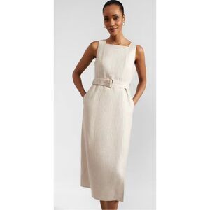 Hobbs London Linen Midi Dress Belted Neutral Square Neck Sheath Size US 8 UK 12